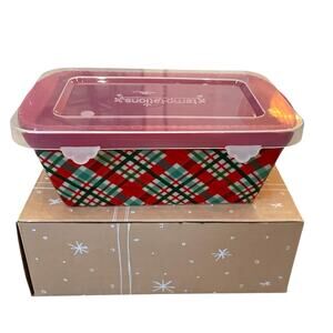 Temptations by Tara Mini Ceramic Loaf Pan w/ Lid 12oz Holiday Plaid Red Green